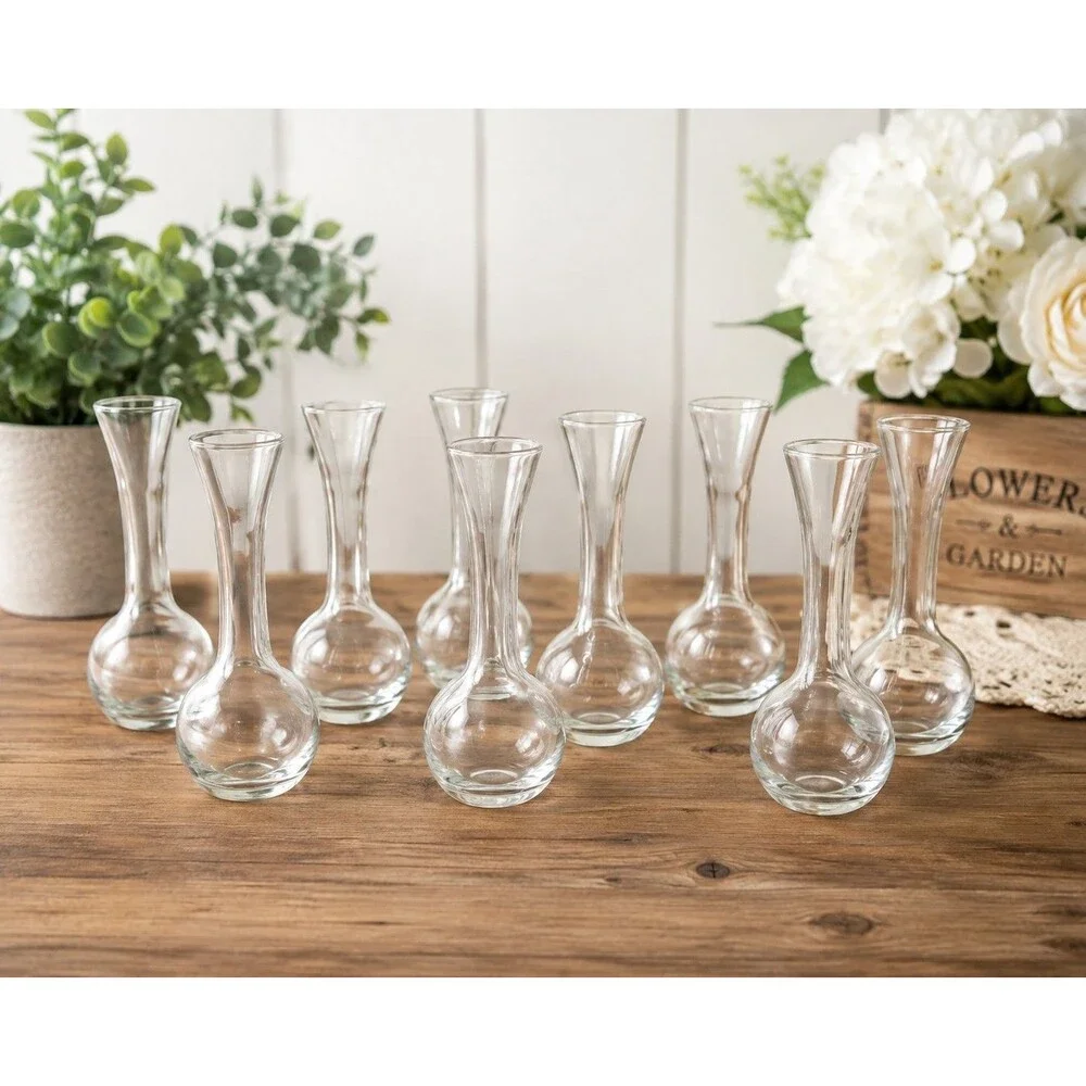 Set of 8 Clear Glass Bud Vases Small Round Base Wedding Centerpiece Decor